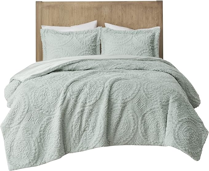 Madison Park Arya Soft, Cozy Plush Comforter Set, Medallion Embroidered Design, Modern All Season Down Alternative Bedding with Matching Sham, Full/Queen, Aqua 3 Piece