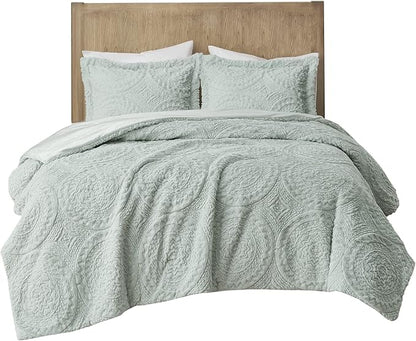 Madison Park Arya Soft, Cozy Plush Comforter Set, Medallion Embroidered Design, Modern All Season Down Alternative Bedding with Matching Sham, Full/Queen, Aqua 3 Piece
