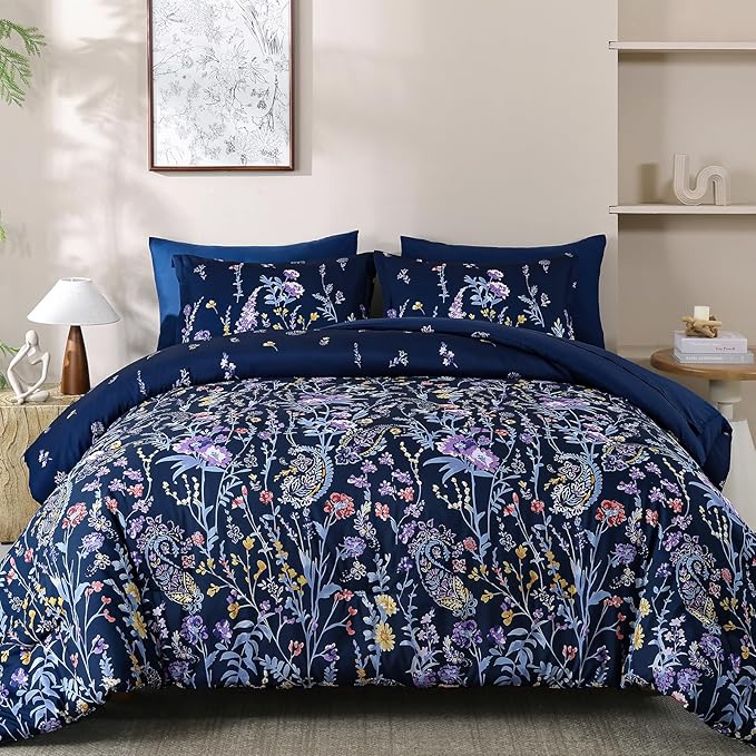 Yiran Navy Floral Comforter Set King Size, 7 Piece Blue Botanical Flowers Comforter Bedding Set, Bed in a Bag King, Soft Microfiber Complete Bedding Set with Sheets for All Season