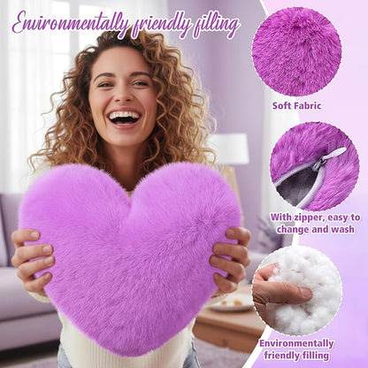 9 Pcs Purple Series Heart Pillow Faux Rabbit Fur Fluffy Love Heart Throw Pillows Cute Decorative Soft Throw Cushion Gift for Women Couch Bed Sofa Chair Home 11 in