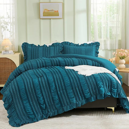 WONGS BEDDING Teal Comforter Set King,3 Pieces Ruffle Farmhouse Shabby Chic Comforter for King Bed,Soft Textured Boho Bedding Set with 1 Ruffle Comforter,2 Tufted Pillowcases 104"×90"