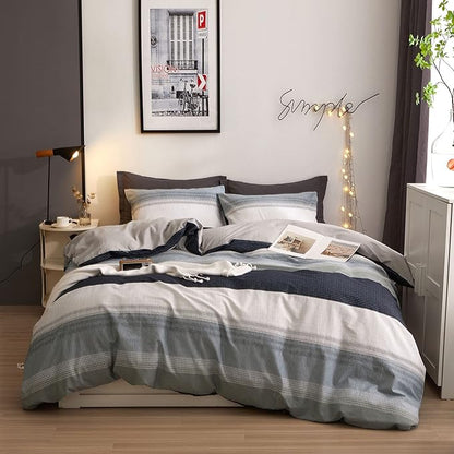 VM VOUGEMARKET Modern Comforter Set Twin Gray Blue Stripes Bedding Comforter with 2 Pillowcases Modern Style Lightweight Soft Twin Comforter Set for Boys