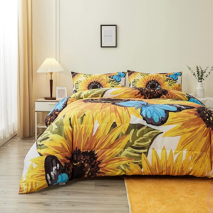 Sunflower Comforter Sets,Beautiful Seamless Pattern with Sunflower Blue Butterflies on White Background,Decorative Bedding Comforter Sets with 2 Pillow Shams, Queen Size