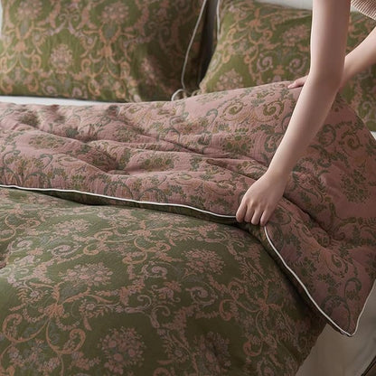 MKXI Floral Linen Comforter Set Queen Army Green Vintage Paisley Comforter Bedding for Neutral Bedroom Rich Rust Jacquard Floral Bed Comforters for Men Women Cotton Yarn-Dyed Textured Soft Lightweight