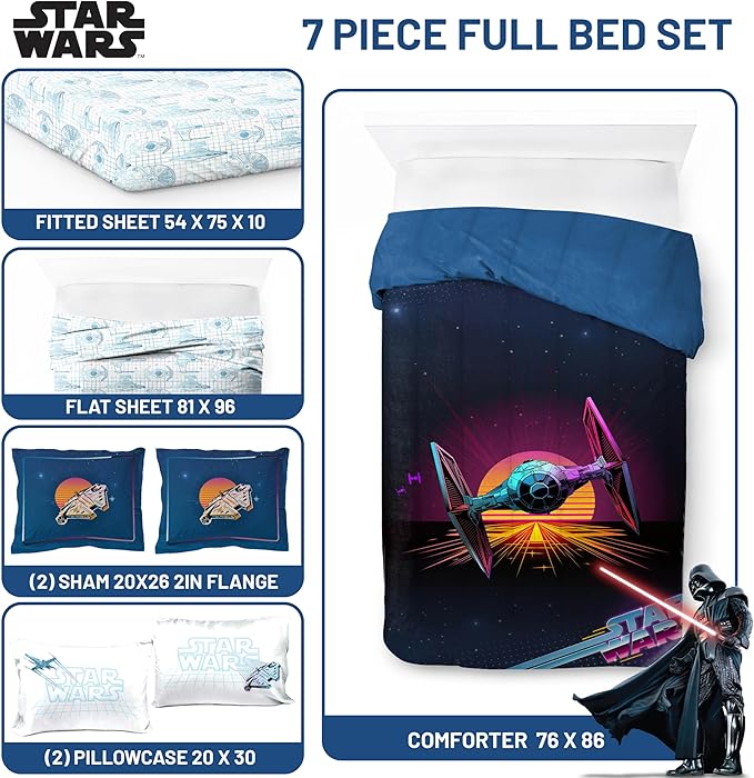 Jay Franco Kids Comforter Set Includes Sheets and Pillow Covers - Soft and Cozy Bed Set for Stylish Room Decor, Blue - Star Wars 02, 7 Piece Full Size Bedding