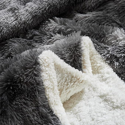 Flysheep Luxury Faux Fur Shaggy Fluffy Comforter Set Twin Size Mixed Black and White Long Hair, 3 Pieces Plush Flannel Sherpa Backing Reversible Soft Microfiber Bedding Set Super Warm for Winter