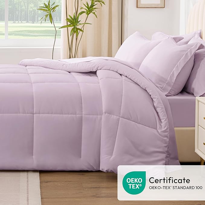 Love's cabin California King Comforter Set Light Purple, 7 Pieces California King Bed in a Bag, All Season Bedding Sets with 1 Comforter, 1 Flat Sheet, 1 Fitted Sheet, 2 Pillowcase and 2 Pillow Sham