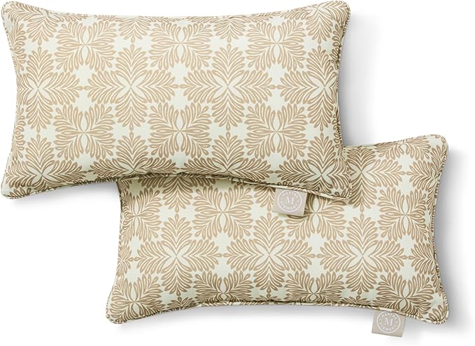 Martha Stewart Tulum Indoor Outdoor Decorative Lumbar Pillow 2-Pack Set, UV Fade Resistant, Water Repellent, Printed Modern Design, Taupe, 11"x18"