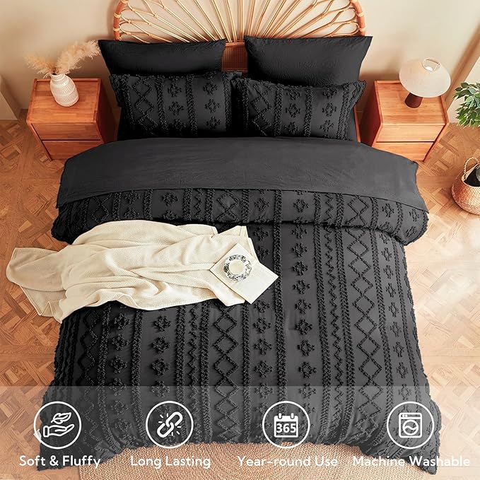 MR&HM Farmhouse Comforter Set King 7 Pieces, Black Tufted Boho Beddding Sets, Bed in a Bag with 1 Comforter, 2 Pillow Shams, 2 Pillowcases, 1 Flat Sheet, 1 Fitted Sheet for All Seasons