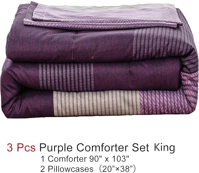 WONGS BEDDING Purple Comforter Sets King, Reversible Striped Patchwork Down Alternative Comforter for King Bed,3 Pieces (1Comforter+2 Pillowcase), Soft Microfiber Bedding Duvet Insert Set 104”×90”