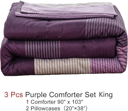 WONGS BEDDING Purple Comforter Sets King, Reversible Striped Patchwork Down Alternative Comforter for King Bed,3 Pieces (1Comforter+2 Pillowcase), Soft Microfiber Bedding Duvet Insert Set 104”×90”