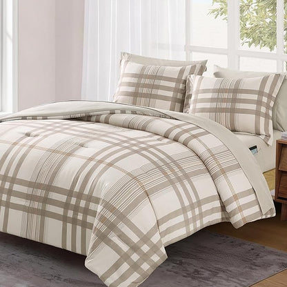 MaiRêve Twin XL Comforter Set Brown Grey, Classic Plaid Farmhouse Bedding Sets 5 Pieces for Boys Girls Teen, All Season Bed in a Bag for Dorm with Sheets, Pillowcase & Sham