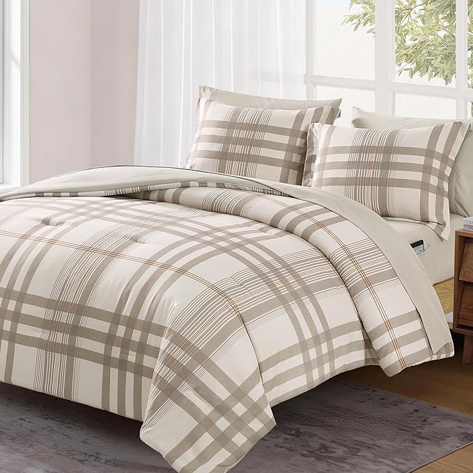 MaiRêve Full Size Comforter Set Brown Grey, Classic Plaid Farmhouse Bedding Sets 7 Pieces, All Season Lightweight Bed in a Bag with Sheets, Pillowcases & Shams