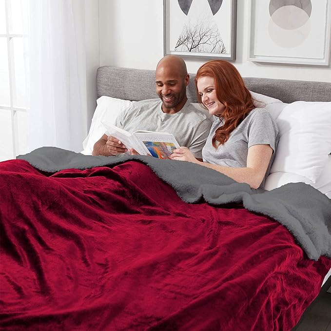 Genteele Sherpa Throw Blanket Super Soft Reversible Ultra Luxurious Plush Blanket, 102 x 90 inches, Rich Burgundy Red/Gray