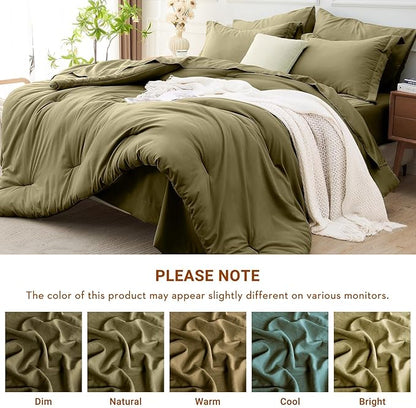 MUXHOMO 7 Pieces California King Comforter Set, Soft Bed in a Bag Cal King Size, All Season Bedding Set with Comforter, Flat Sheet, Fitted Sheet, Pillowcases & Shams, Olive Green