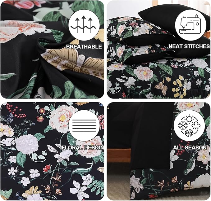 Anibedding 7Pieces Floral King Size Comforter Set, Garden Plant Flower Style Bed in a Bag Black White Bedding Comforter Set with Pillow Case for Bedroom