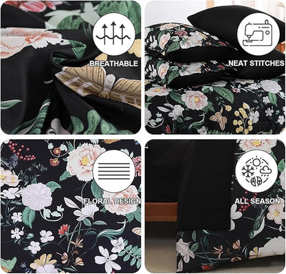 Anibedding 7Pieces Floral King Size Comforter Set, Garden Plant Flower Style Bed in a Bag Black White Bedding Comforter Set with Pillow Case for Bedroom