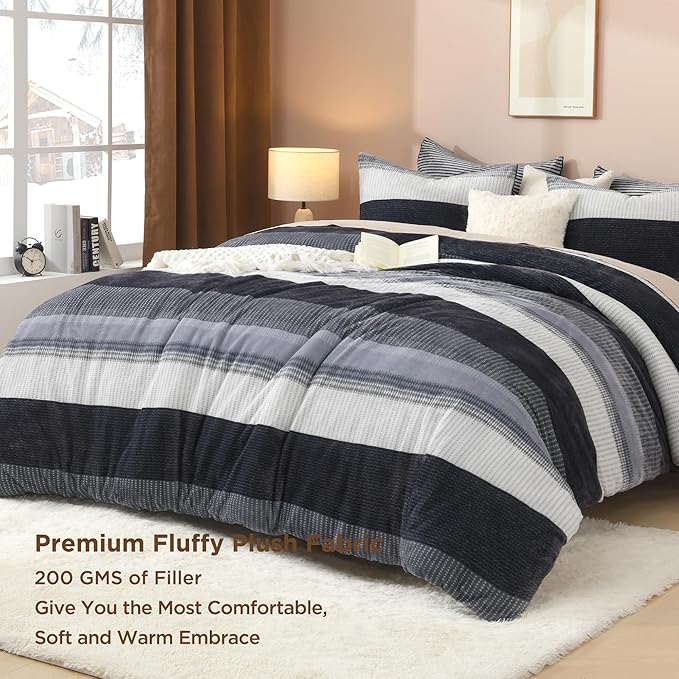 Litanika Fluffy Fleece Full Size Comforter Set, Luxury Soft Plush Fuzzy Dark Grey Stripe Bedding Comforter Sets, Warm Shaggy Faux Fur Bed Set All Season (1 Comforter, 2 Pillowcases)