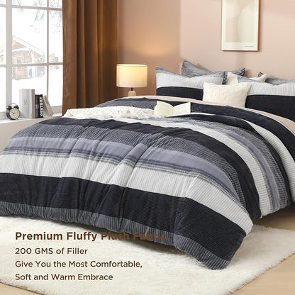 Litanika Fluffy Fleece Full Size Comforter Set, Luxury Soft Plush Fuzzy Dark Grey Stripe Bedding Comforter Sets, Warm Shaggy Faux Fur Bed Set All Season (1 Comforter, 2 Pillowcases)