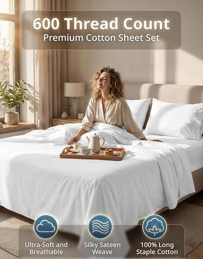LANE LINEN Queen Sheet Set - 600 Thread Count Premium Soft Long Staple 100% Cotton Sheets, Hotel Luxury Sateen Silky Finish, Snug Fit 15" Deep Pocket, Low Pill, Machine Washable - White Sheets