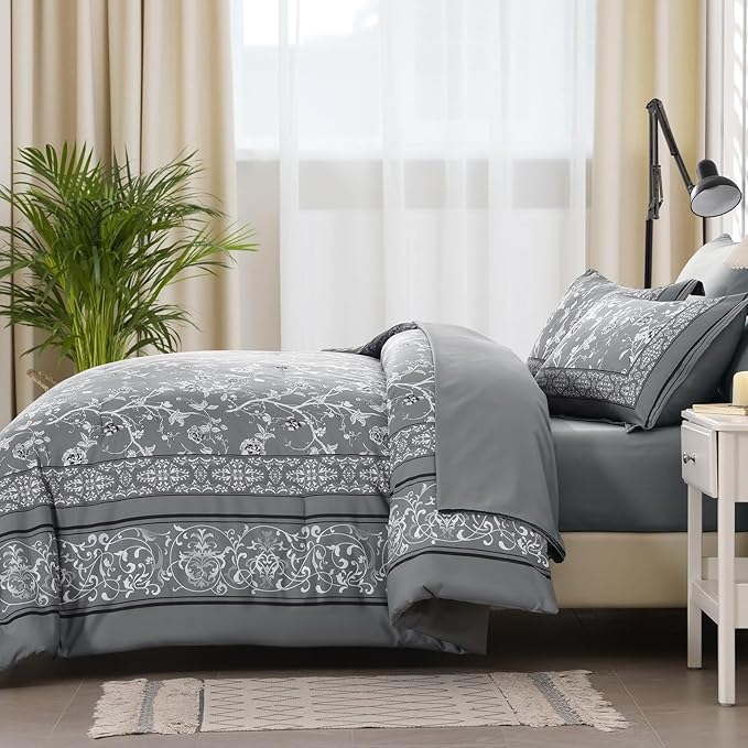 Dobuyly Grey Floral Queen Comforter Set, 7 Piece Bed in a Bag Queen Size Flowers Botanical Bedding Set, Soft Microfiber Bedding Comforter Sets with Sheets for All Season