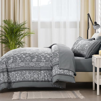 Dobuyly Grey Floral Queen Comforter Set, 7 Piece Bed in a Bag Queen Size Flowers Botanical Bedding Set, Soft Microfiber Bedding Comforter Sets with Sheets for All Season