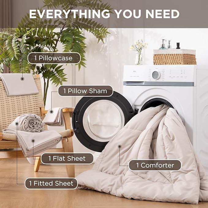 5 Pieces Twin Comforter Set - Utral Soft Microfiber Bedding Set, Thick Duvet Insert Bed in a Bag Without Rustling Noise for All Season, Beige (68"x88")