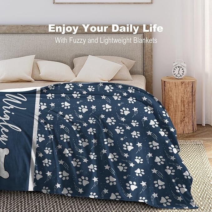 Artsadd Personalized Paw Print Dog Blanket with Pets Name, Custom Name Blanket for Small Dogs, Flannel Puppy Blanket, Memorial Gifts for Loss of Dog, Pet Loss Sympathy Remembrance Gifts