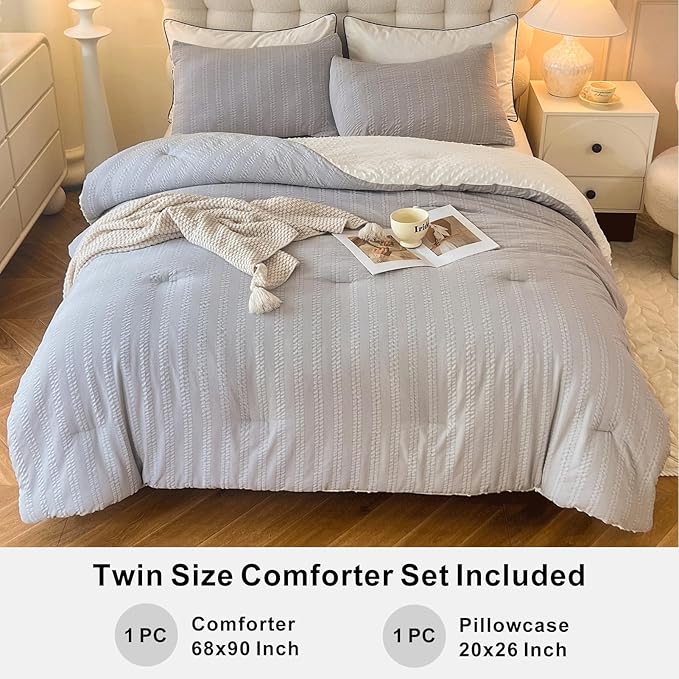 Boho Comforter Set Twin Size Striped Pleats Bohemian Seersucker Bedding Set All Season Soft Cozy 2 Pieces Quilt with 1 Pillowcase(68"X90" Grey)