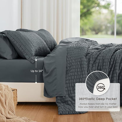 Love's cabin Seersucker Charcoal Grey Full Comforter Set, 7-Piece All Season Lightweight Bed in a Bag Bedding Set with Comforter, Flat Sheet, Fitted Sheet, Pillowcases and Shams | Soft, Breathable, Lightweight