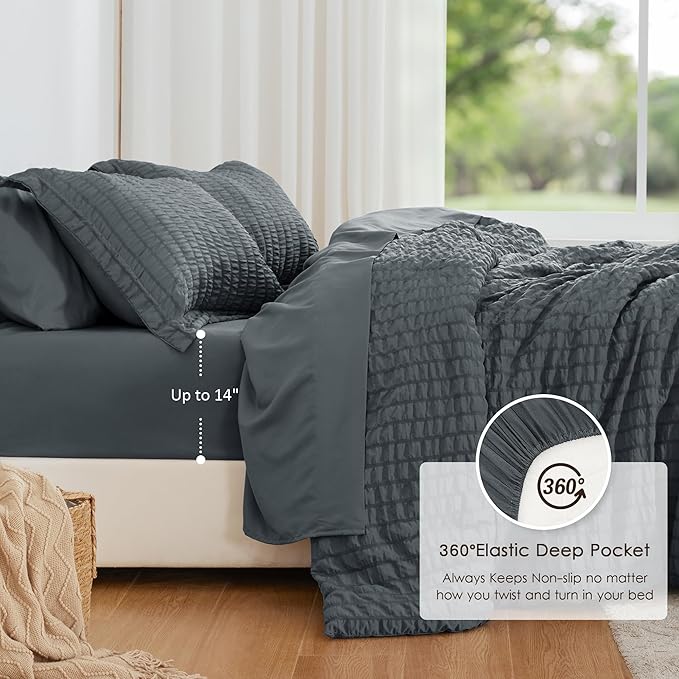 Love's cabin Seersucker Charcoal Grey Queen Comforter Set, 7-Piece All Season Lightweight Bed in a Bag Bedding Set with Comforter, Flat Sheet, Fitted Sheet, Pillowcases and Shams | Soft, Breathable, Lightweight