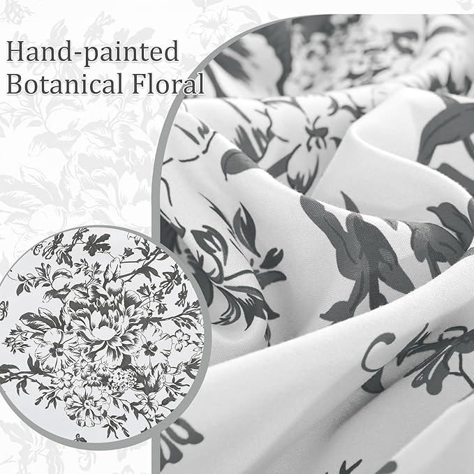 WONGS BEDDING Queen Size Comforter Set, 8 Pieces Grey Floral Bed in a Bag Comferter Sets, Botanical Print Soft Fluffy Microfiber Complete Bedding Sets for All Season (90"x90")