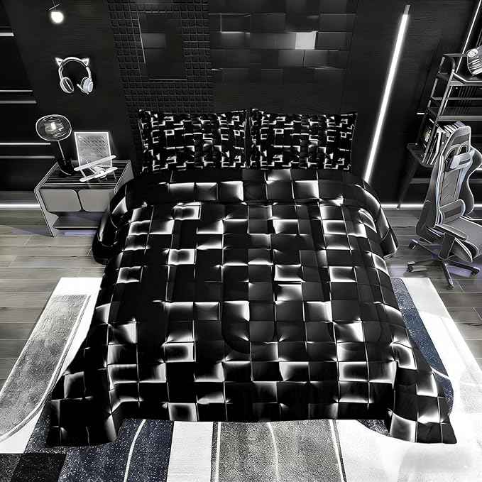 Erosebridal Geometric Checkered Comforter Toddler Size Neon Black White Comforter Set for Kids Teen Men Gamer Room Decor,Abstract Ombre Plaid Bedding Set Grids Quilt Duvet