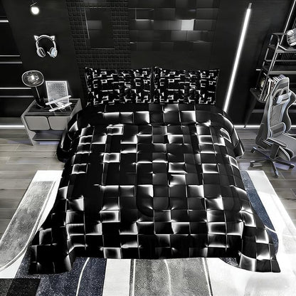 Erosebridal Geometric Checkered Comforter Queen Size Neon Black White Comforter Set for Kids Teen Men Gamer Room Decor,Abstract Ombre Plaid Bedding Set Grids Quilt Duvet