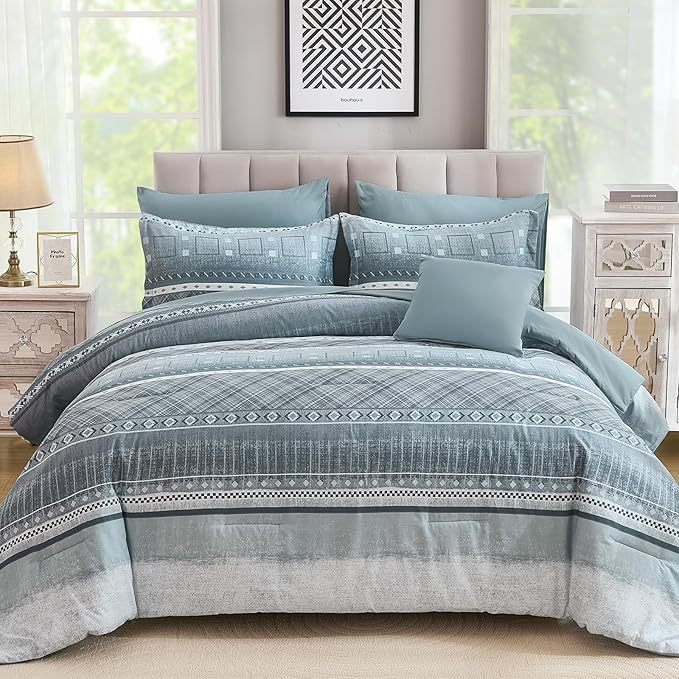WONGS BEDDING 8 Piece Queen Size Comforter Set, Blue Striped Bed in a Bag Comforter and Sheet Set, Boho Lightweight Microfiber Bedding Set for All Season (90"×90")