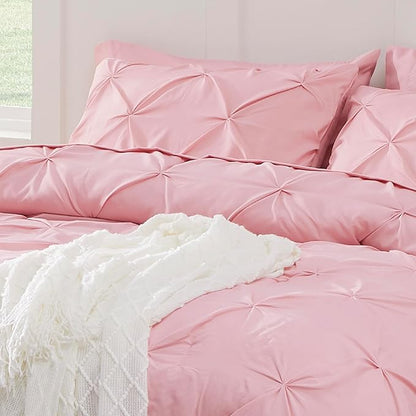 Bedsure Queen Comforter Set Baby Pink - Bed in a Bag Queen Size Bedding 7 Pieces, GentleSoft™ Pintuck Bed Set Gift for Family, Pinch Pleat All Season Comforter with Sheets, Pillowcases & Shams