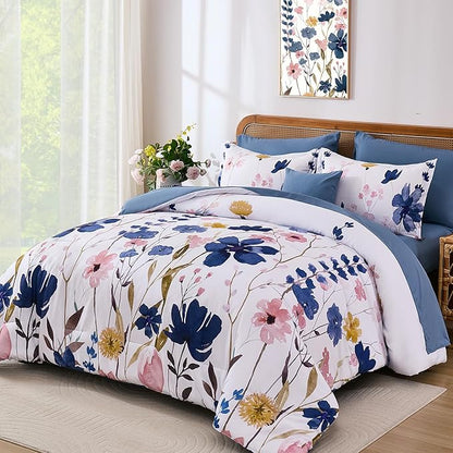 Anibedding Blue Floral Comforter Set King Size, 8 Piece Botanical Flower Bed in a Bag, Reversible Design Comforter, Soft Microfiber Complete Bedding Sets for All Season (Blue,90"x104")