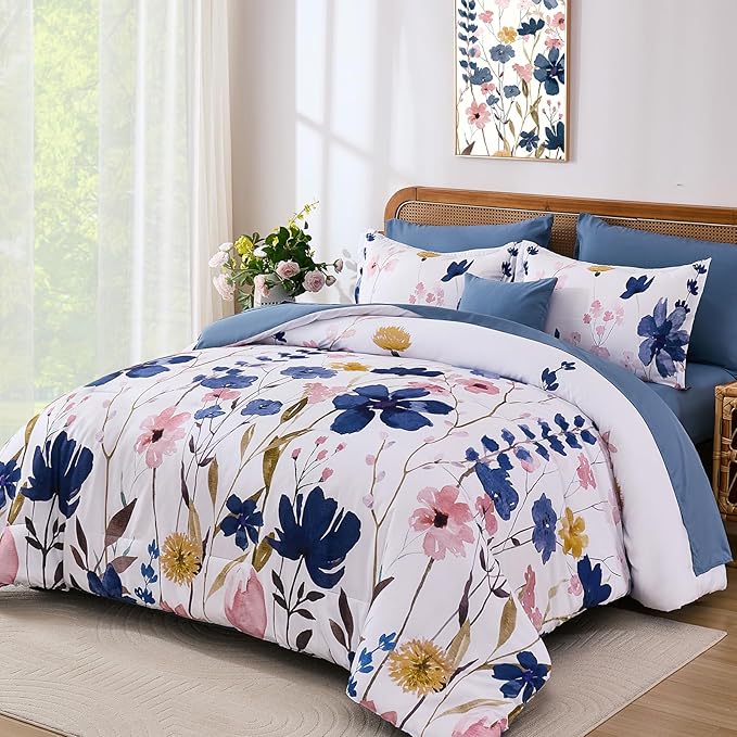 Anibedding Blue Floral Comforter Set Queen Size, 8 Piece Botanical Flower Bed in a Bag, Reversible Design Comforter Soft Microfiber Complete Bedding Sets for All Season (Blue, 90"x90")
