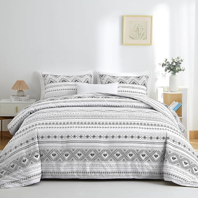 BOLINLIVING Comforter Set Queen Size, Boho Bed in a Bag 3 Pieces, Queen Soft Bohomian Comforter Set, Lightweight Breathable for All Seasons,1 Comforter & 2 Pillowcases (Grey 90×90 inch)