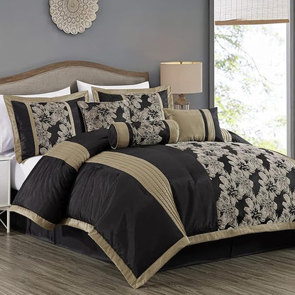 Chezmoi Collection Kelsey Comforter Set California King Size, 7-Piece Black Gold Hibiscus Floral Jacquard Bedding Set