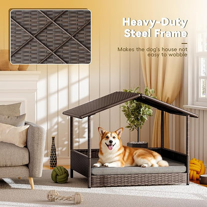 Greesum Wicker Dog House for Small/Medium Dogs, Outdoor Indoor Elevated Dog Shelter Dog Bed with Cushion, for Deck, Patio, Yard, Pool, Black House