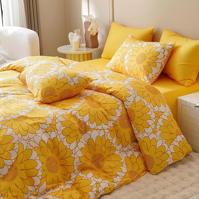 Houseri Yellow Floral Comforter Set Queen 3 Piece Yellow Sunflower Bedding Queen Size Lightweight Aesthetic White and Yellow Botanical Bed Set Soft Comfy Quilt Blanket Queen