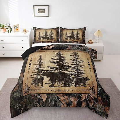Erosebridal Tree Camo Cabin Comforter Set Toddler Rustic Farmhouse Bedding Sets Camouflage Hunting Wildlife Bear Bedding Comforter Sets for Boys Teen Men,Woodland Pine Tree Animal Quilt Set 2 Pcs