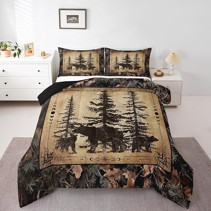 Erosebridal Tree Camo Cabin Comforter Set Full Rustic Farmhouse Bedding Sets Camouflage Hunting Wildlife Bear Bedding Comforter Sets for Boys Teen Men,Woodland Pine Tree Animal Quilt Set 3 Pcs