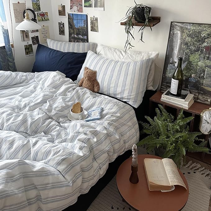 mixinni Vintage Light Blue & White Striped Comforter Set Queen Size - Soft Washed Cotton 3-Piece Bedding Set (1 Comforter + 2 Pillowcases), Retro Geometric Pattern, All-Season Breathable & Fluffy