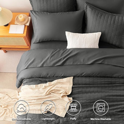 CozyLux Full Size Comforter Sets with Sheets Seersucker 7 Pieces Dark Grey Bed in a Bag Textured Luxury Soft Bedding Set with Down Alternative Comforter, Sheets, Pillowcases & Shams for All Seasons