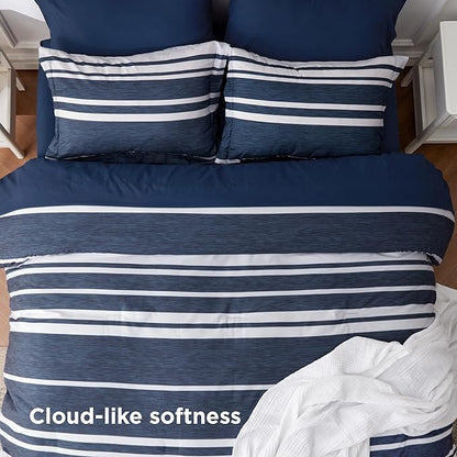Bedsure California King Comforter Set 7 Pieces, Blue Striped Bedding Set for All Seasons, Reversible, Cationic Dyeing Bed in a Bag with Comforter, Sheets, Pillowcases & Shams