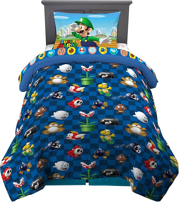 Super Mario Kids Twin Size Bedding, 4 Piece Super Soft Cozy Reversible Comforter and Sheet Set, (Officially Licensed Product) By Franco