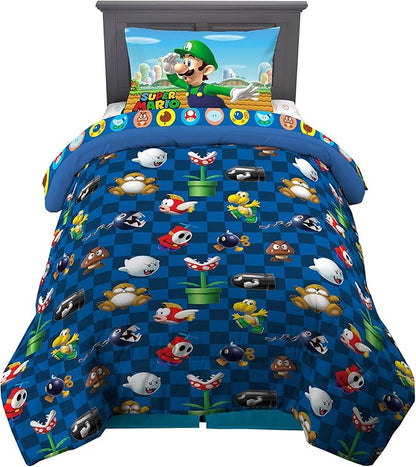 Super Mario Kids Twin Size Bedding, 4 Piece Super Soft Cozy Reversible Comforter and Sheet Set, (Officially Licensed Product) By Franco
