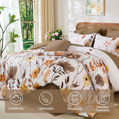 Anibedding 8Pieces King Size Comforter Set, Khaki Watercolor Floral Queen Size Bed in a Bag Comforter Set with Pillowcase, Sheets for All Season